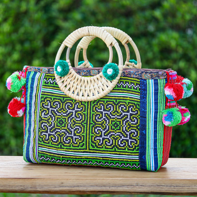 Thai Traditional Green Cotton and Natural Fiber Handle Bag