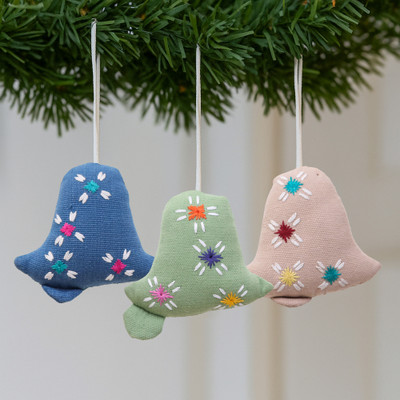 Christmas-Themed Embroidered 3-Piece Rayon Bell Ornament Set