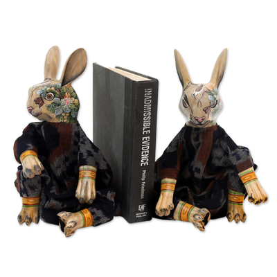 Indonesian Wood Rabbit Bookends (Pair)