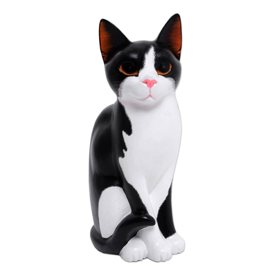 Hand Painted Albesia Wood Black and White Cat Sculpture