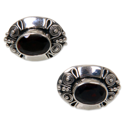 Garnet Sterling Silver Button Earrings