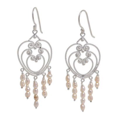 Heart Shaped Sterling Silver Pearl Chandelier Earrings