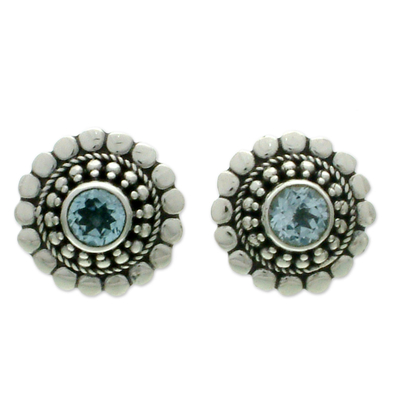 Floral Blue Topaz Sterling Silver Button Earrings