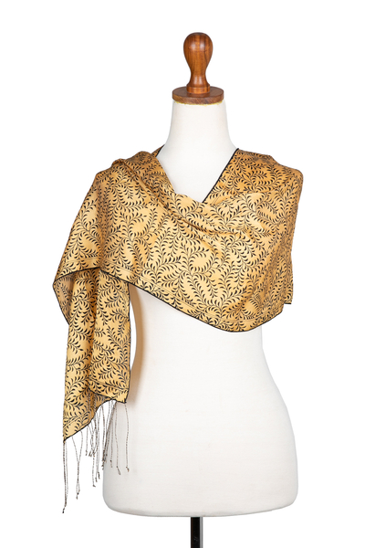 Hand Crafted Leaf and Tree Patterned Silk Scarf