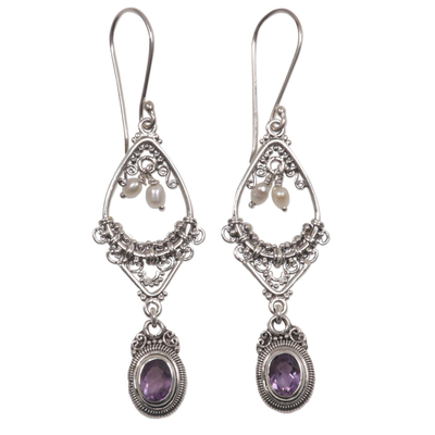 Amethyst and pearl flower earrings