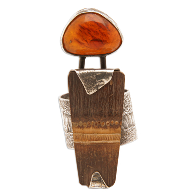 Sterling Silver Cocktail Ring with Amber and Bamboo