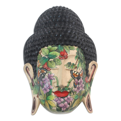 Handcrafted Painted Floral Wood Buddha Head Mask from Bali