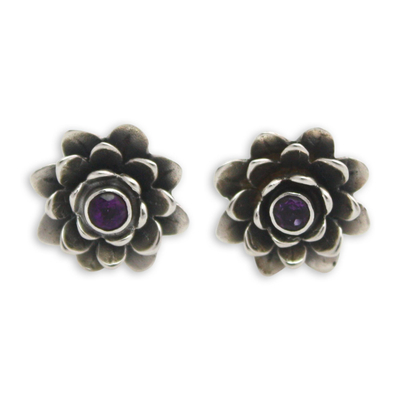 Artisan Crafted Floral Amethyst Button Earrings