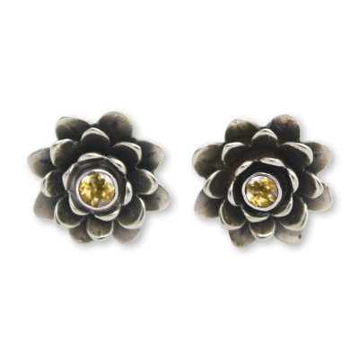 Floral Citrine Sterling Silver Button Earrings