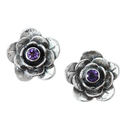 Handmade Floral Sterling Silver and Amethyst Button Earrings