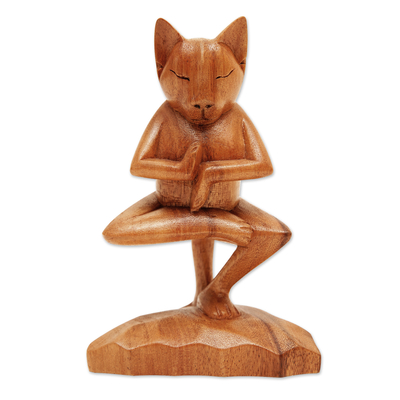 Handcrafted Indonesian Wood Cat Sculpture