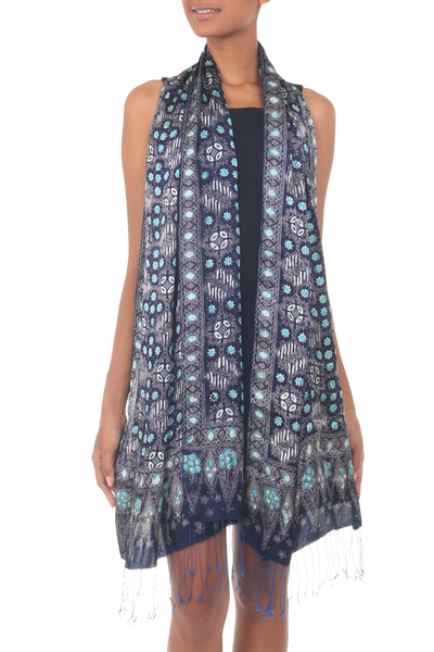 Blue Batik Silk Patterned Shawl