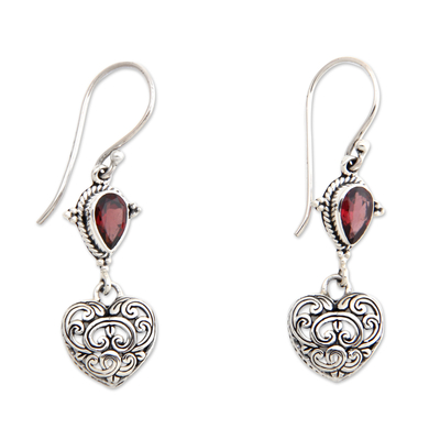 Heart Shaped Sterling Silver and Garnet Earrings