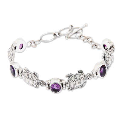 Unique Purple Amethyst Sterling Silver Sea Turtle Link Bracelet