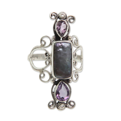 Pearl and Amethyst Silver Cocktail Ring