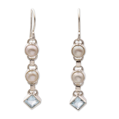 Cultured pearl and blue topaz dangle earrings