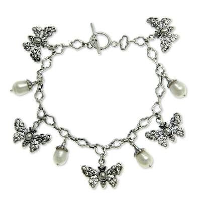 Butterflies and Pearls Silver 925 Charm Bracelet