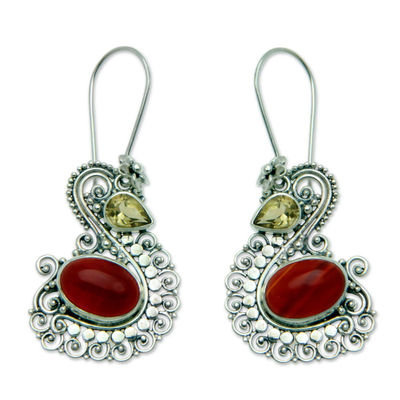 Silver Swan Earrings with Carnelian and Citrine