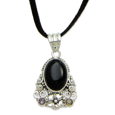 Onyx Amethyst Citrine and Sterling Silver Necklace Jewelry