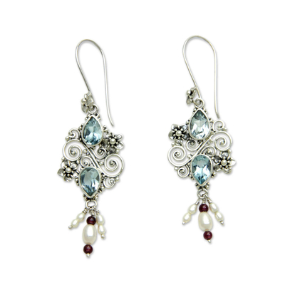 Balinese Cultured Pearl and Blue Topaz Amethyst Earrings