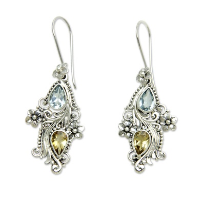 Unique Balinese Citrine and Blue Topaz Earrings