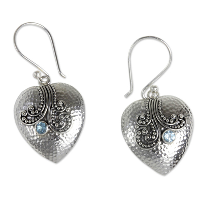 Sterling Silver Heart Earrings with Blue Topaz