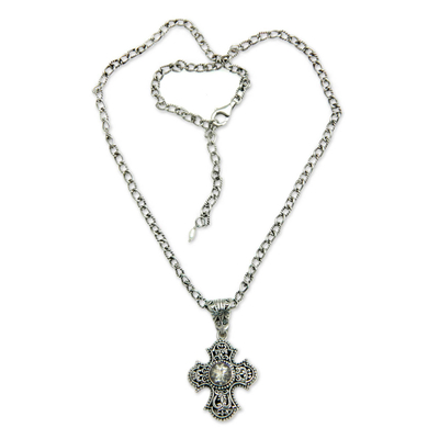 Balinese Cross Necklace with Prasiolite and Pearl