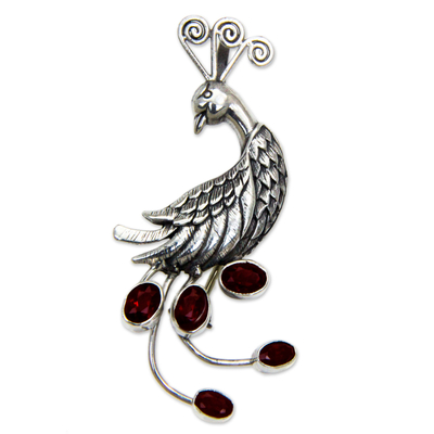 Silver Bird Brooch Pin-Pendant with Garnets