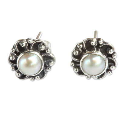 Sterling Silver and Pearl Flower Stud Earrings