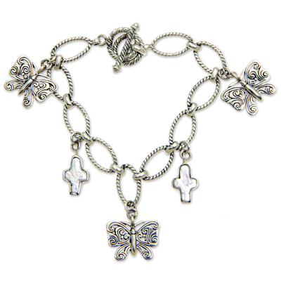 Biwa Pearl and Silver Butterfly Charm Bracelet