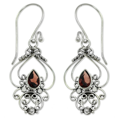 Ornate Garnet and Sterling Silver Dangle Earrings