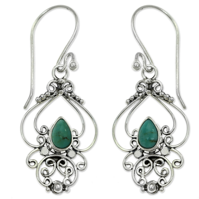 Ornate Natural Turquoise Dangle Earrings from Bali