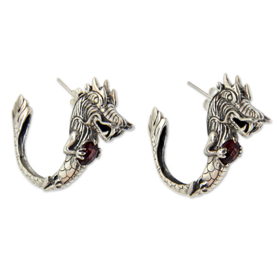 Dragon Half-Hoop Sterling Silver Earrings with Garnets