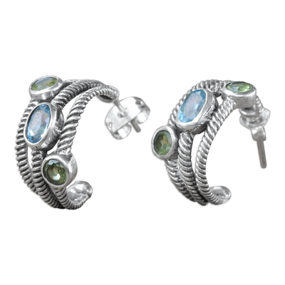 Blue Topaz and Peridot Sterling Silver Half-hoop Earrings