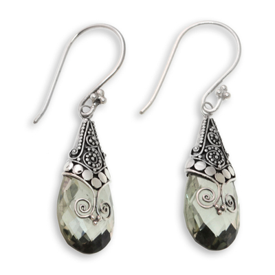 Balinese Style Prasiolite and Silver Dangle Earrings
