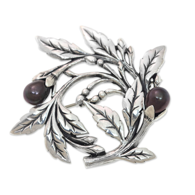 Sterling Silver Floral Brooch Pin with Cultured Black Pearls
