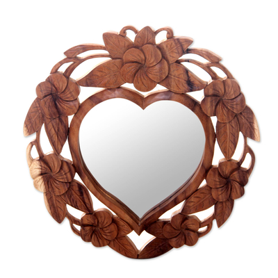 Heart-Shaped Wood Wall Mirror with Floral Motif