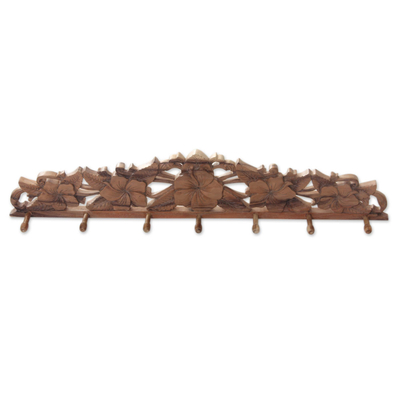 Hand Carved Wood Coat Rack with Hibiscus Flower Motif