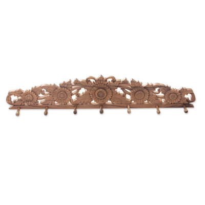 Sunflower Motif Carved Wooden Coat Rack from Bali