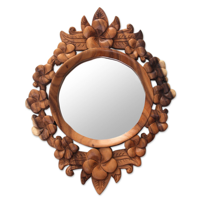 Hand Carved Wood Round Floral Wall Mirror from Bali