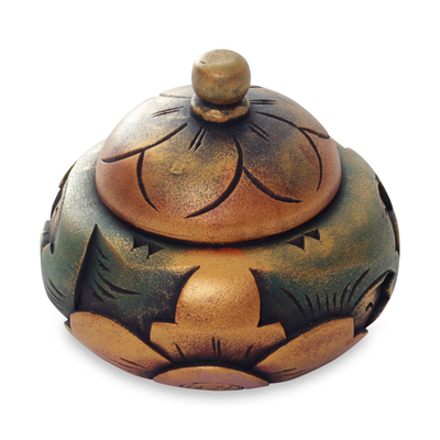 Decorative Round Carved Wood Trinket Box from Bali