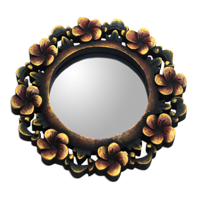 Round Floral Wall Mirror Hand Carved from Wood