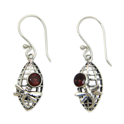 Silver Dragonfly Earrings with 1 Carat Garnet Accents
