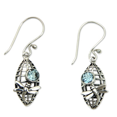 Dragonfly Theme Earrings Crafted from Sterling and Topaz