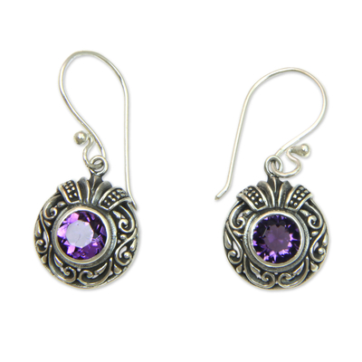 Round Silver and Amethyst Dangle Style Earrings