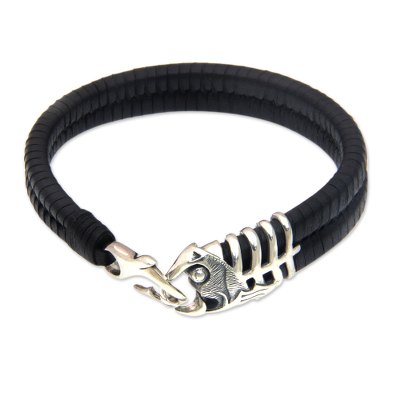Handmade Braided Black Leather Sterling Silver Wristband Bracelet