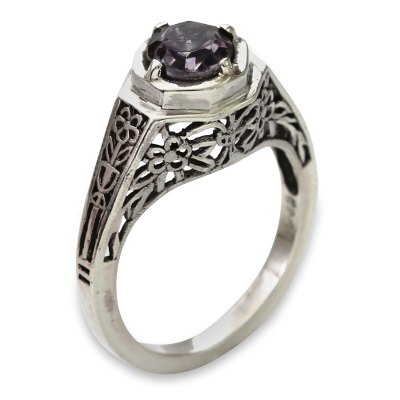Ornate Amethyst Solitaire Ring with Silver Floral Cutouts