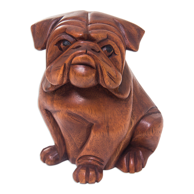 Hand Carved Wood Bulldog Puppy Sculpture from Bali