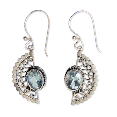 Sterling Silver Hook Earrings with Blue Topaz Gems