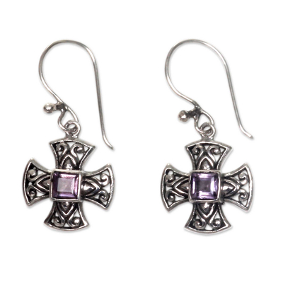 Balinese Handcrafted Silver and Amethyst Cross Earrings